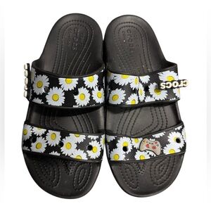 Crocs Black Sunflower Sandal Slides Women's 8 Comfort Beach